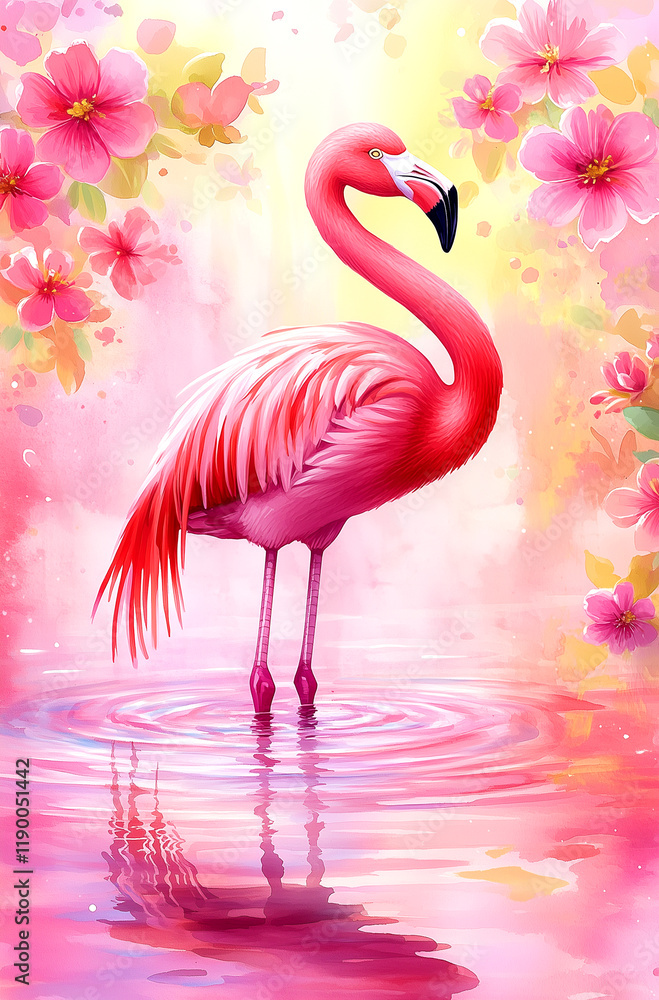 Naklejka premium A pink flamingo is standing in a pond with pink flowers in the background. The image has a serene and peaceful mood, with the flamingo being the focal point of the scene