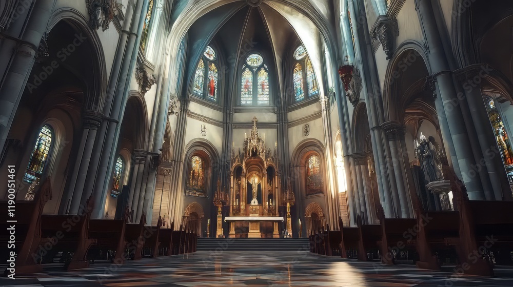 Fototapeta premium Grandiose church interior, sunlight streams in.