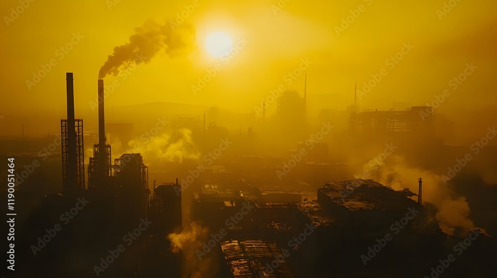 Obraz premium Dramatic Aerial View of Industrial Factory Complex Enveloped in Thick Smog and Golden Sunset, Portraying the Essence of Urban Pollution and Industrial Activity