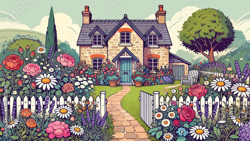 A charming cottage garden in front of a rustic stone house, filled with colorful blooms like roses, lavender, and daisies, a winding brick path leading to the front door.