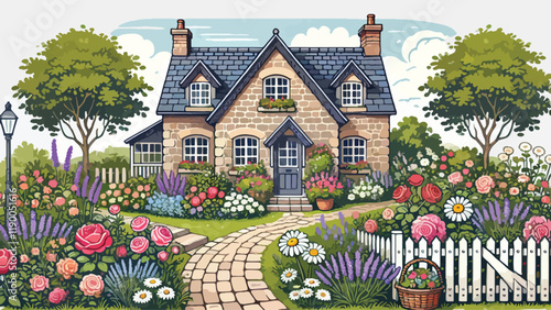 A charming cottage garden in front of a rustic stone house, filled with colorful blooms like roses, lavender, and daisies, a winding brick path leading to the front door.
