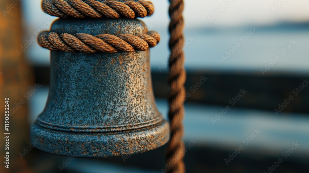 Fototapeta premium A rustic bell hangs from a rope, set against a tranquil water background, evoking a sense of nostalgia and maritime charm.