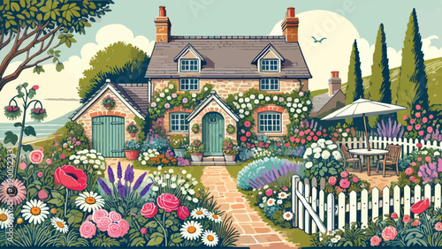 A charming cottage garden in front of a rustic stone house, filled with colorful blooms like roses, lavender, and daisies, a winding brick path leading to the front door.