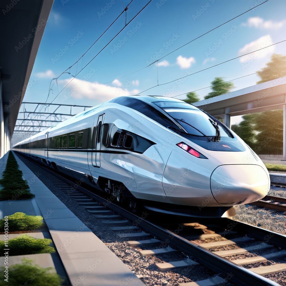 Naklejka premium the AI Image Generator, Speed Modern Train Gliding on Tracks
