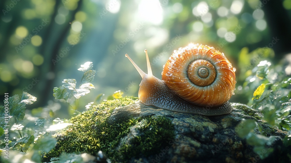 Snail on mossy rock, forest sunlit background, nature scene, ideal for peaceful, slow-life concepts