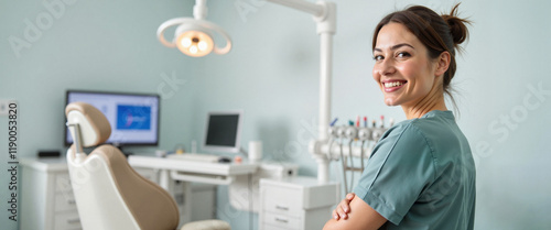 Smiling dental assistant in inviting clinic room, patient comfort
