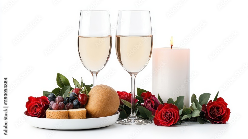 Romantic Candlelit Dinner with Wine, Roses, and Fruit for Valentine's Celebration Romantic Candlelit Dinner with Wine, Roses, and Fruit for Valentine's Celebration
