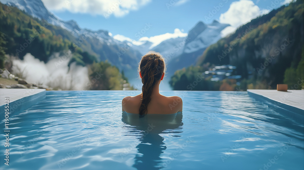 Fototapeta premium Young woman enjoying serene moment in infinity pool with breathtaking mountain view for relaxation