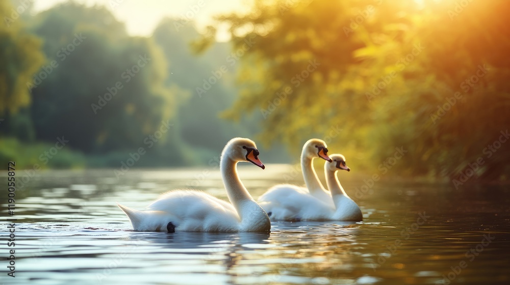 Fototapeta premium Three cygnets swim in a shallow, greenish pond surrounded by tall grasses.