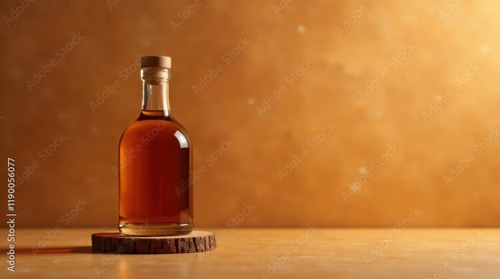 Amber liquid in a glass bottle on a wooden coaster against a warm background Amber liquid in a glass bottle on a wooden coaster against a warm background