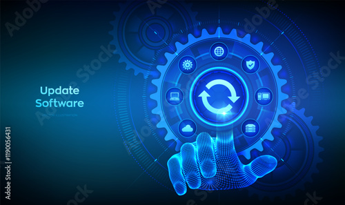 Update Software. Upgrade Software version concept on virtual screen. Computer program upgrade technology internet concept. Hand touching digital interface with connected gears cogs and icons. Vector.