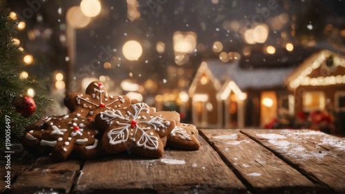 Gingerbread Cookies on Wooden Table with Christmas Tree and City Lights in the Background  Festive Holiday Scene
