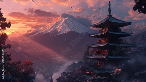 A picturesque scene featuring a traditional Japanese pagoda with five tiers, photo