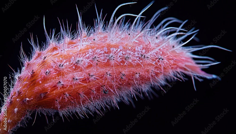 Close-Up View of a Pink Flower's Unique Trichomes, Detailed Macro Photography of Plant's Hairs, Stunning Botanical Image with Tiny Structures. Close-Up View of a Pink Flower's Unique Trichomes, Detailed Macro Photography of Plant's Hairs, Stunning Botanical Image with Tiny Structures.