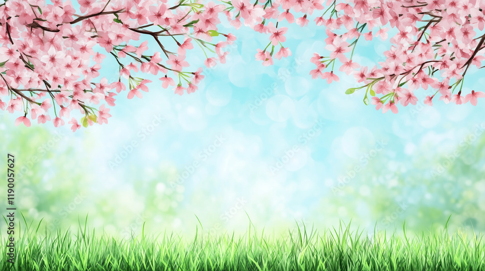 春の桜と青空|新緑の草原と満開の桜が織りなす爽やかな風景イラスト 春の桜と青空|新緑の草原と満開の桜が織りなす爽やかな風景イラスト
