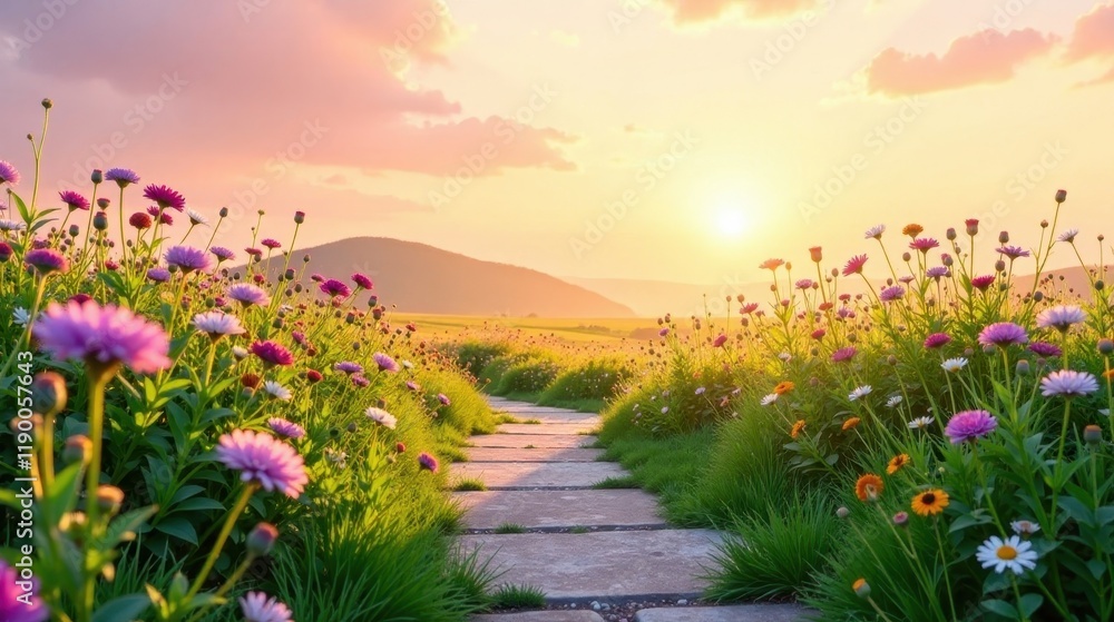 Obraz premium Serene Sunset Stroll Through a Vibrant Wildflower Meadow with a Stone Path Leading to the Horizon