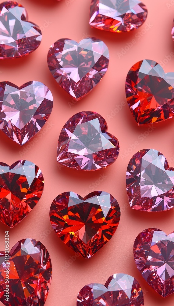 Colorful heart-shaped gems on a soft background. Valentine, Diamond hearts. Colorful heart-shaped gems on a soft background. Valentine, Diamond hearts.