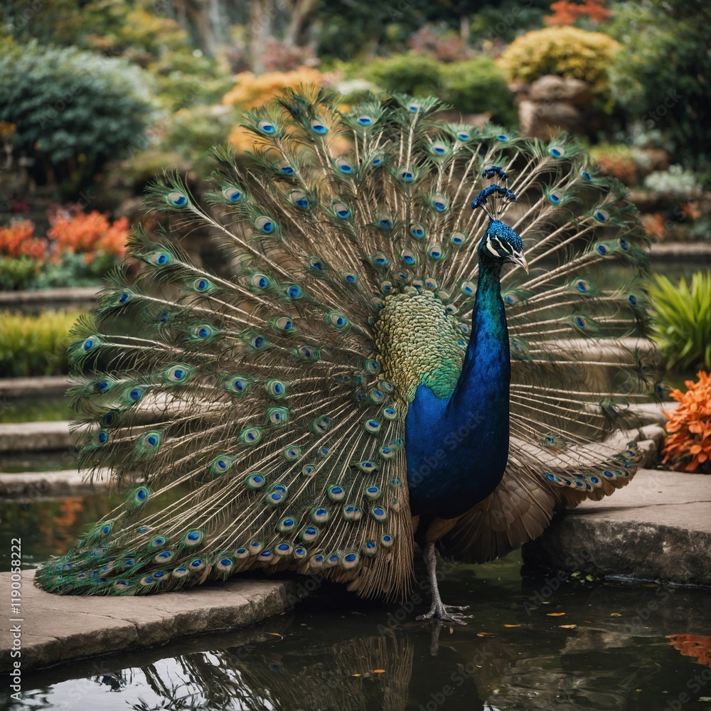 Obraz premium A striking peacock spreading its tail feathers in a serene botanical garden with a koi pond in the background.
