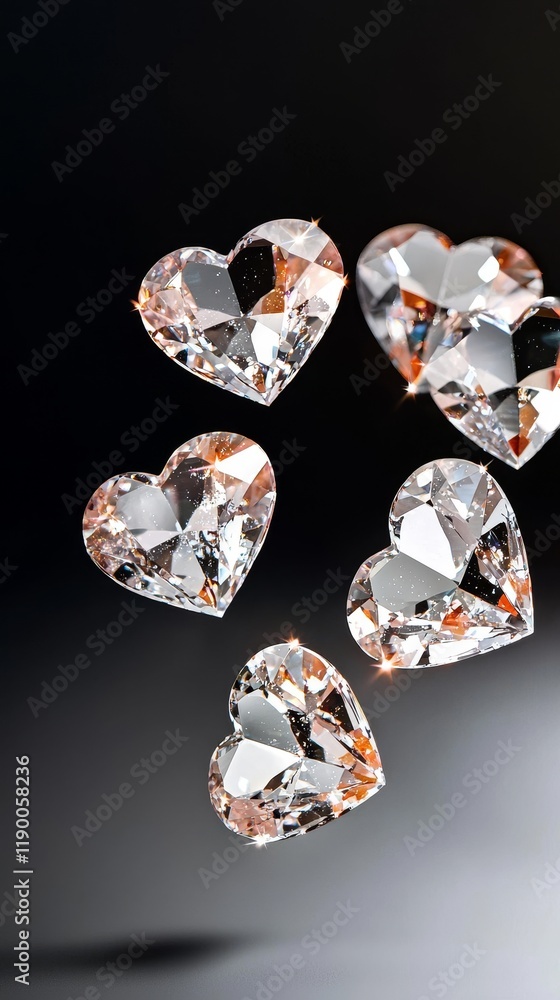 Sparkling heart-shaped crystals on a dark background Valentine, Diamond hearts. Sparkling heart-shaped crystals on a dark background Valentine, Diamond hearts.