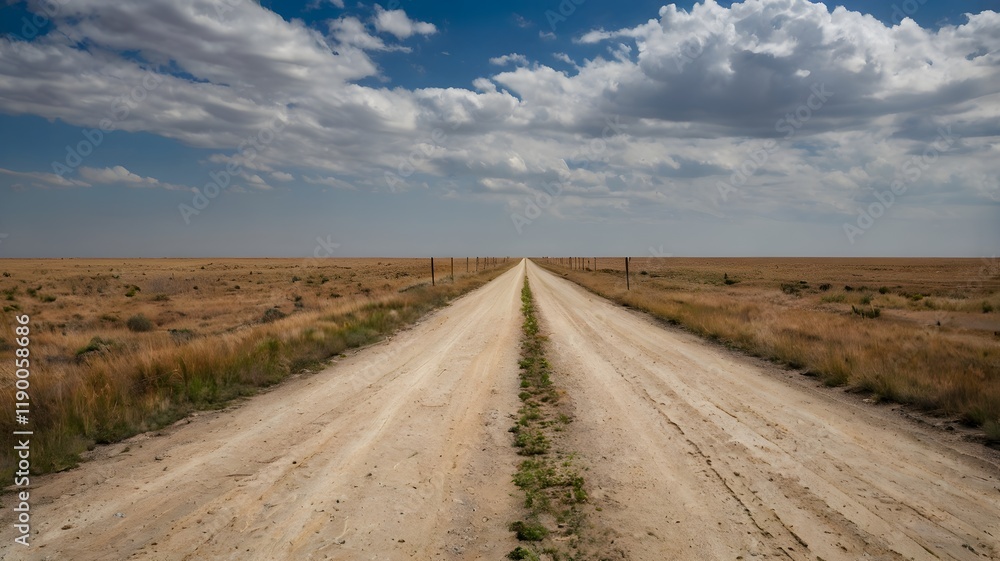 A solitary dirt road stretching across a flat plain A solitary dirt road stretching across a flat plain