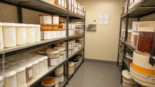 Storage room filled with organized containers of various food ingredients