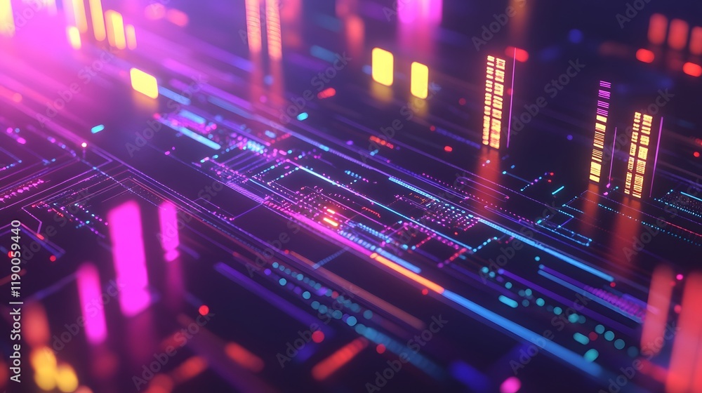 Fototapeta premium Futuristic Digital Financial Graph with Neon Lights and High-Tech Data Overlay in a Colorful Abstract Background for Modern Technology Concepts