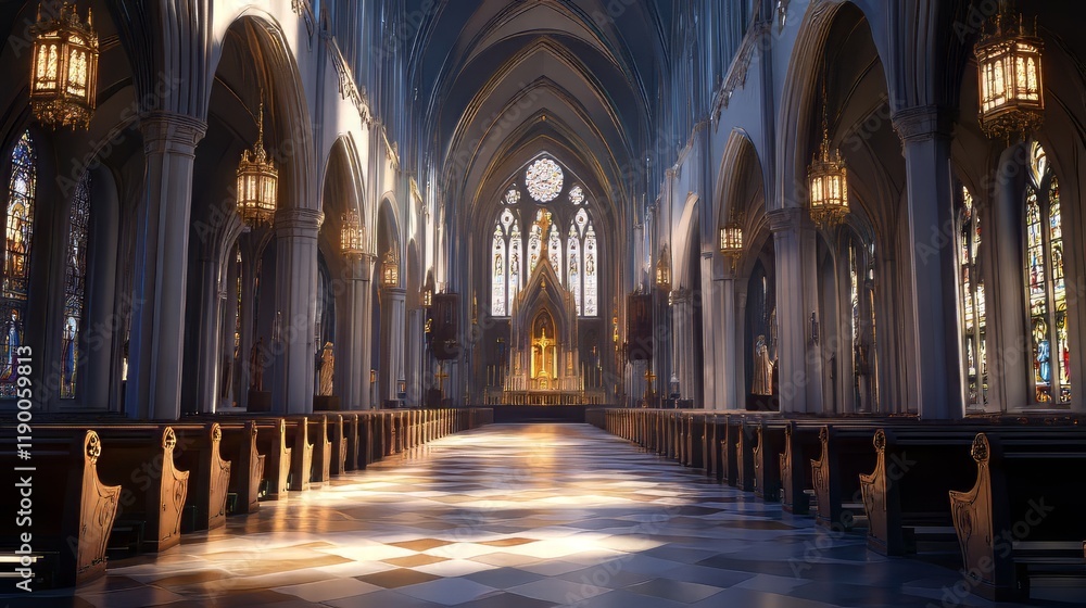 Fototapeta premium Grand cathedral interior, sunlight streams in