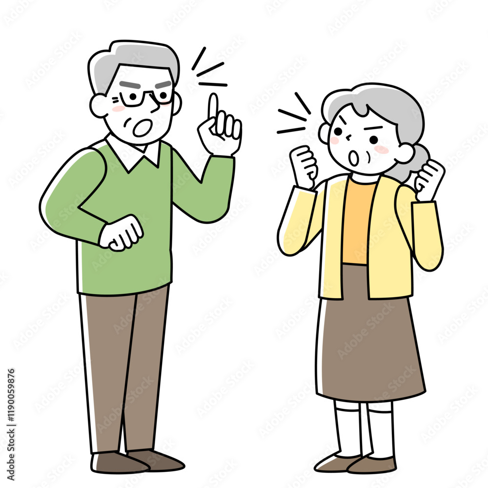 喧嘩をしているシニア女性とシニア男性