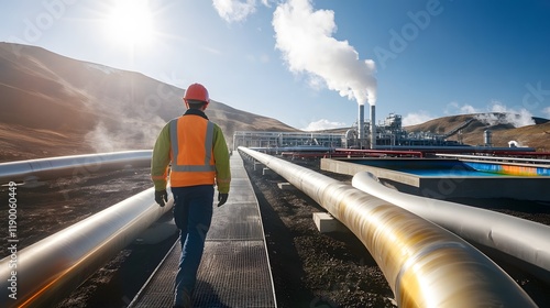 Engineer Walking Past Large Geothermal Pipes Under Bright Sky at Renewable Energy Facility