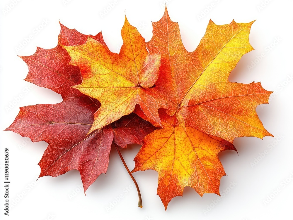 Obraz premium Three vibrant autumn maple leaves, red and orange. Perfect for fall themes, Thanksgiving, nature designs.