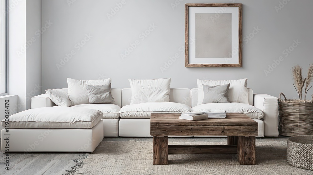 Fototapeta premium Stylish living space with a white modular sofa, rustic coffee table, and a mockup frame with a 3D border.