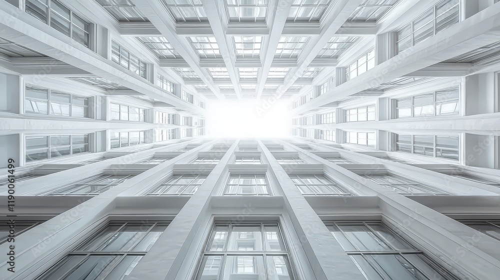 Naklejka premium Low angle view of a modern white building's atrium, showcasing its symmetrical architecture and bright light from above.