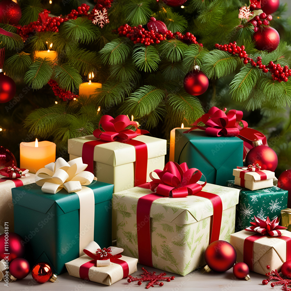 gift boxes in front of christmas tree christmas gift ai genrative gift boxes in front of christmas tree christmas gift ai genrative