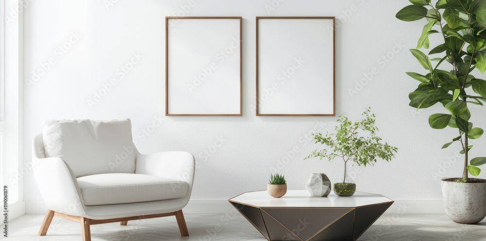 Fototapeta premium Modern Scandinavian living room with white armchair, geometric table, and double floating mockup frames with 3D effect.