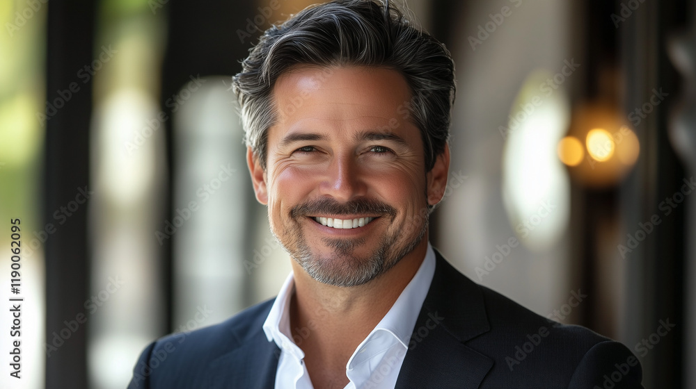 Professional portrait of a confident CEO smiling in business attire with a modern office background
Professional portrait of a confident CEO smiling in business attire with a modern office background