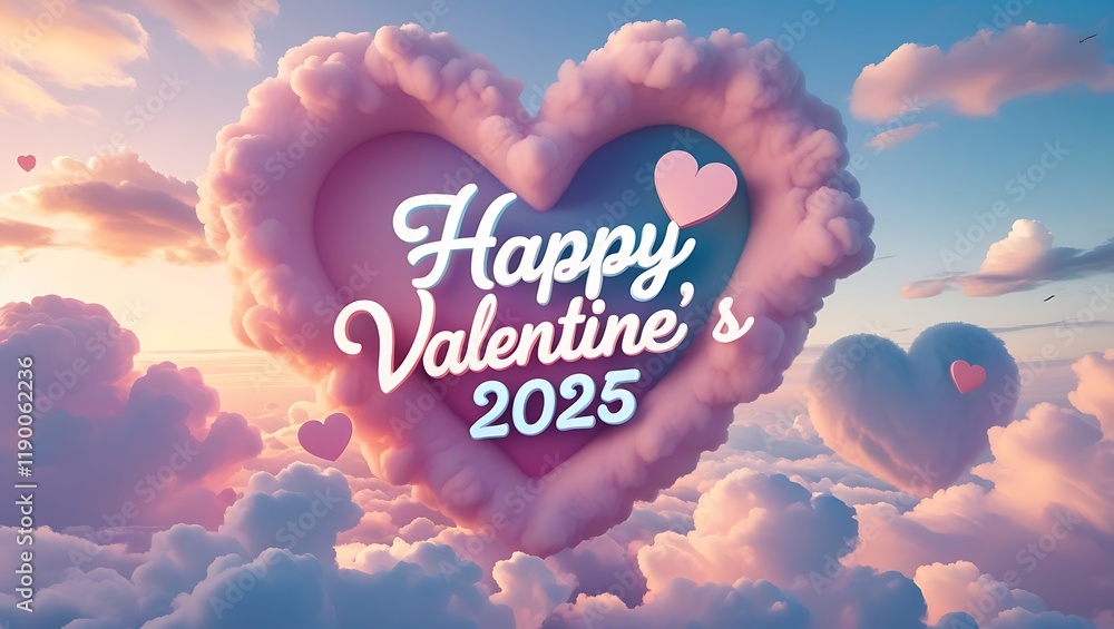 Elegant Valentines Day 2025 celebration design with a heart surrounded by glowing stars and fluffy clouds theme