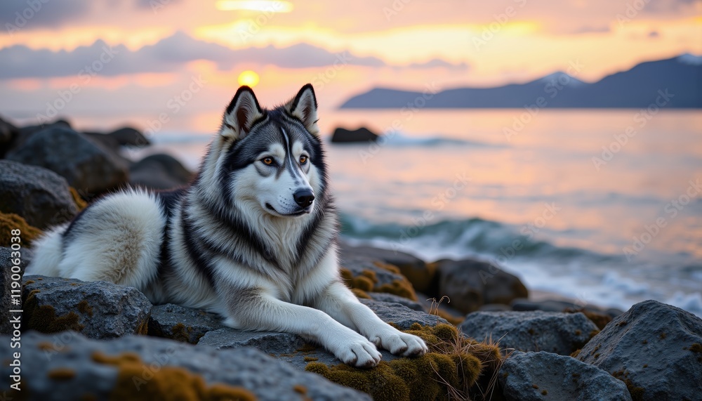Husky Relaxing by the Shore During Sunset Husky Relaxing by the Shore During Sunset