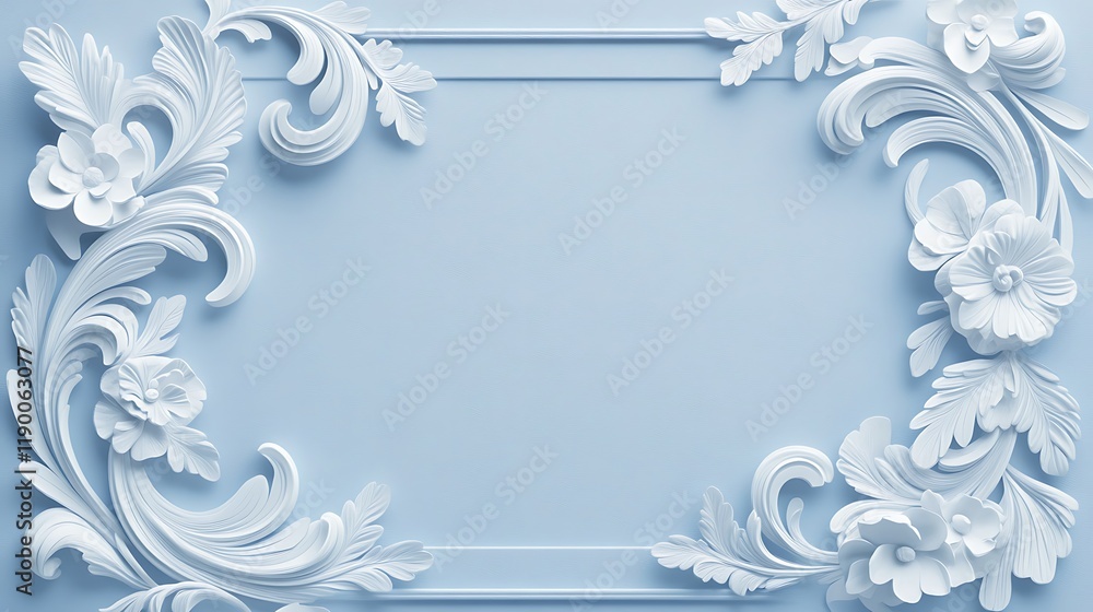 Elegant White Floral Frame Design on Light Blue Background Elegant White Floral Frame Design on Light Blue Background