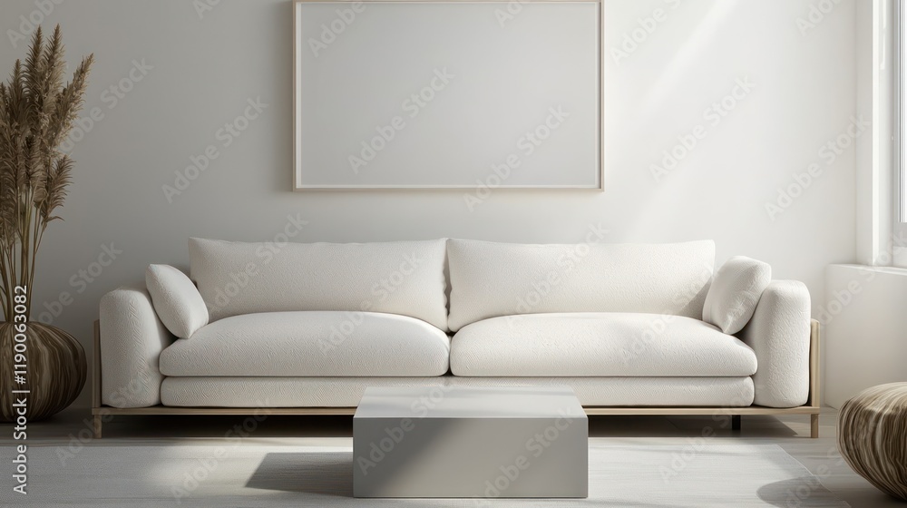 Scandinavian room with white couch, square coffee table, and impactful 3D mockup frame. Scandinavian room with white couch, square coffee table, and impactful 3D mockup frame.