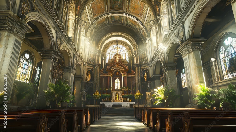 Fototapeta premium Sunlit church interior, peaceful scene