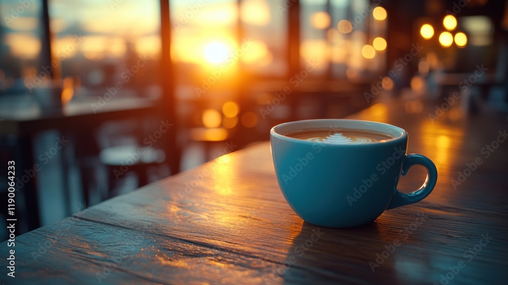 Sunset cafe latte, city view, wooden table Sunset cafe latte, city view, wooden table