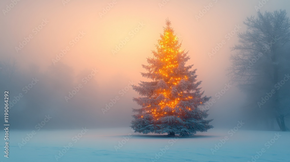 christmas tree in a foggy winter landscape panoramic banner christmas tree in a foggy winter landscape panoramic banner