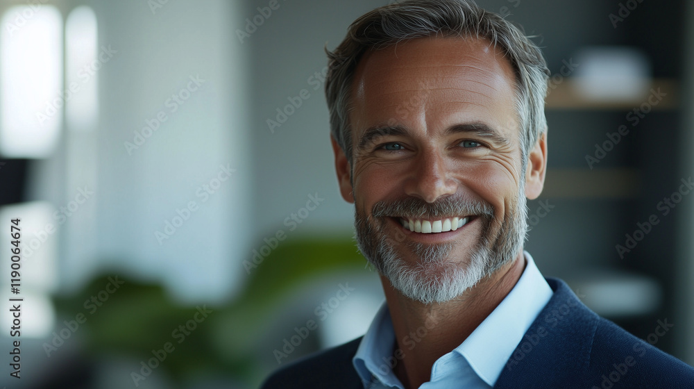 Professional portrait of a confident CEO smiling in business attire with a modern office background






