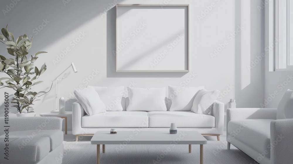Fototapeta premium Modern room with white sofa, low coffee table, and mockup poster angled sharply for optimal ad display space.
