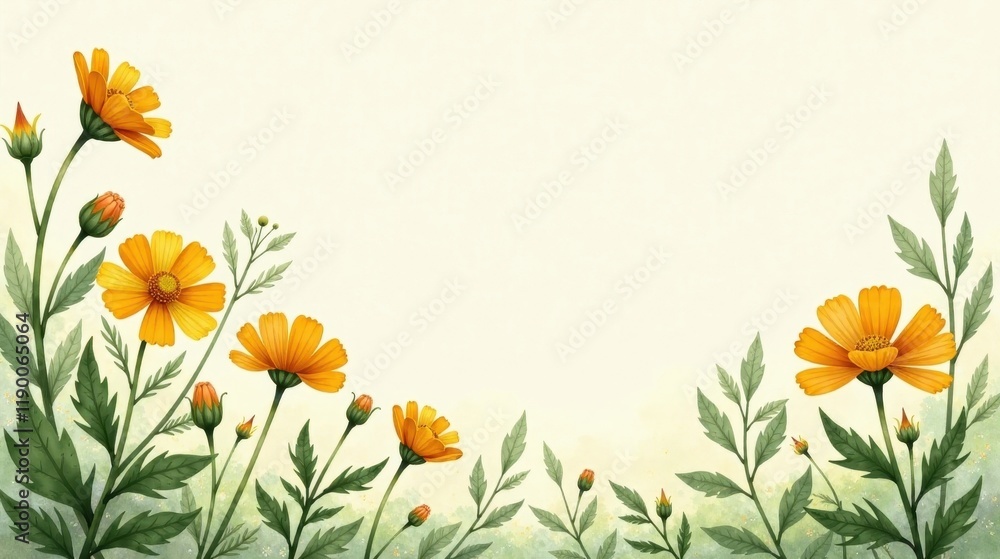 A Delicate Frame of Golden Yellow Blossoms and Verdant Foliage on a Soft Cream Background, Ideal for Invitations or Announcements A Delicate Frame of Golden Yellow Blossoms and Verdant Foliage on a Soft Cream Background, Ideal for Invitations or Announcements