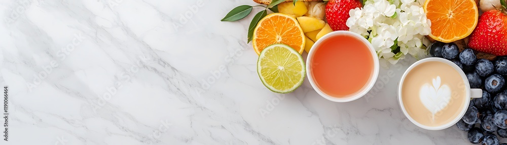 Fresh and Casual Brunch Dining with Fruits and Beverages on Table Fresh and Casual Brunch Dining with Fruits and Beverages on Table