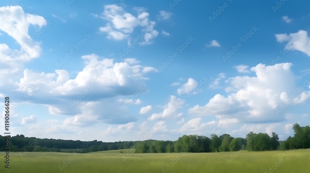 Serene Summer Landscape With Fluffy Clouds and Green Field Serene Summer Landscape With Fluffy Clouds and Green Field