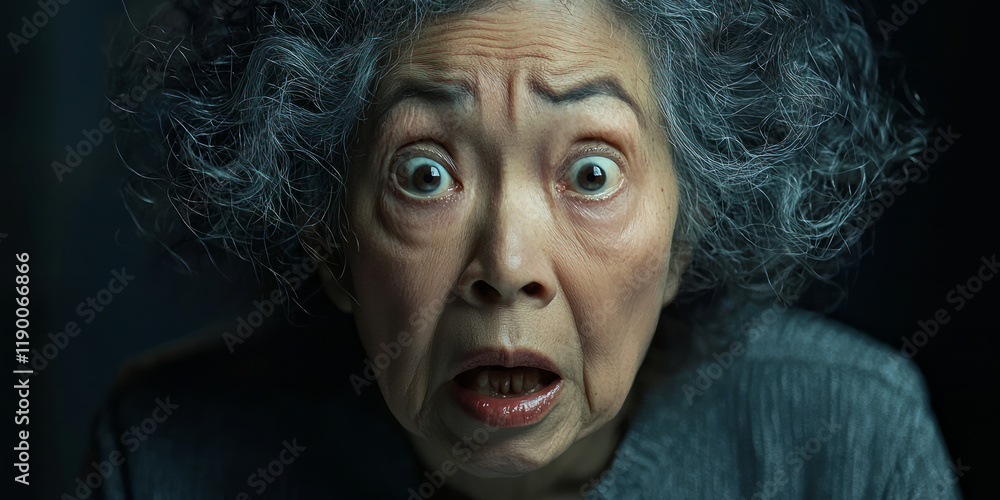 Close up portrait of Chinese older woman with curly hair, generative AI Close up portrait of Chinese older woman with curly hair, generative AI
