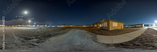 Nighttime Suburban Street Under Starlit Sky, Houses Illuminate the Path, Creating a Peaceful Ambiance at Night. photo