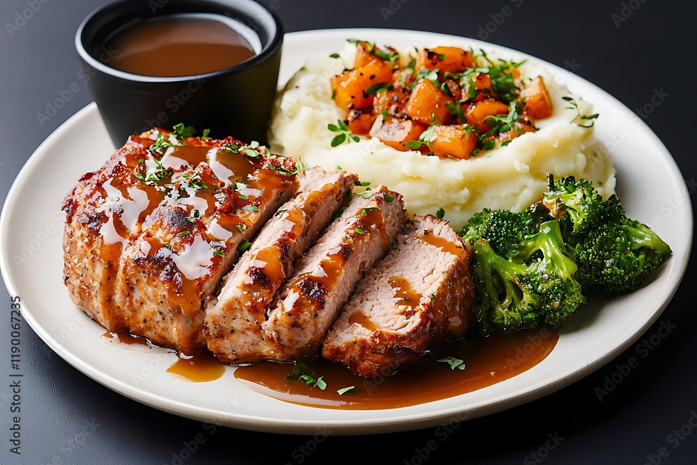 Delicious Comfort Food Plate with Meat, Mashed Potatoes, and Broccoli Delicious Comfort Food Plate with Meat, Mashed Potatoes, and Broccoli